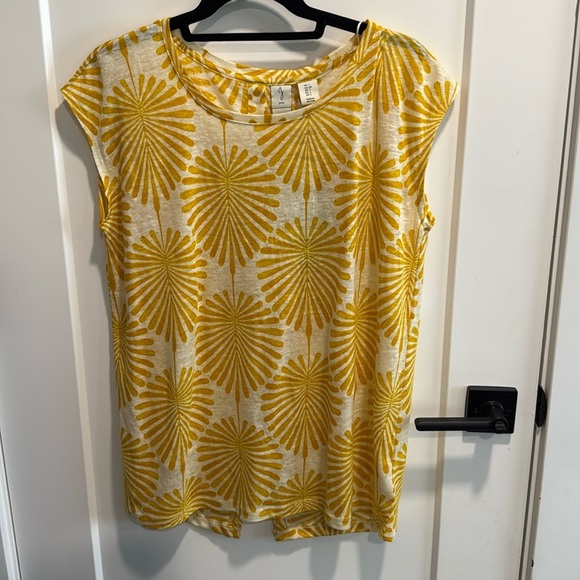 Joie Yellow Leaf Print 100% Linen Short Sleeve Button Back Mother of Pearl - Picture 1 of 6